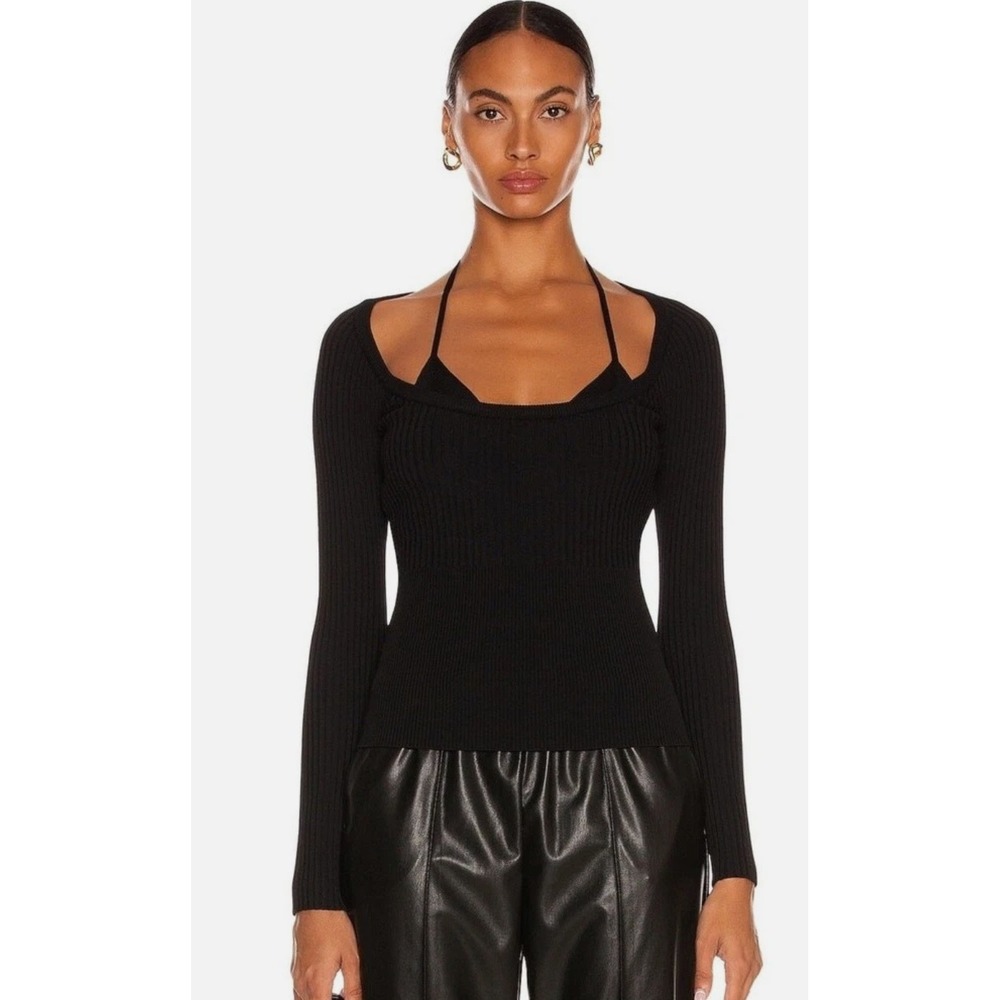 JONATHAN SIMKHAI Jayline Compact Ribbed Scoop Neck Knit Top Sz S Fitted Black